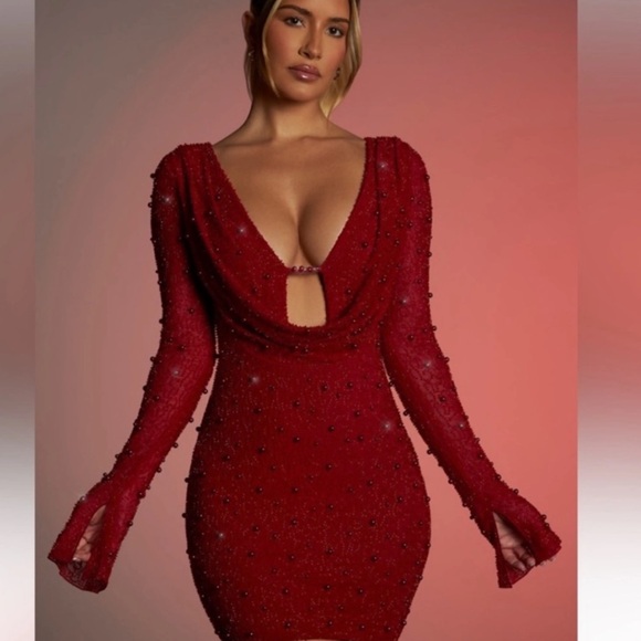 Ohpolly Nice Long Sleeve Deep Plunge Mini Dress in Rose - BNWT Medium - Picture 5 of 6